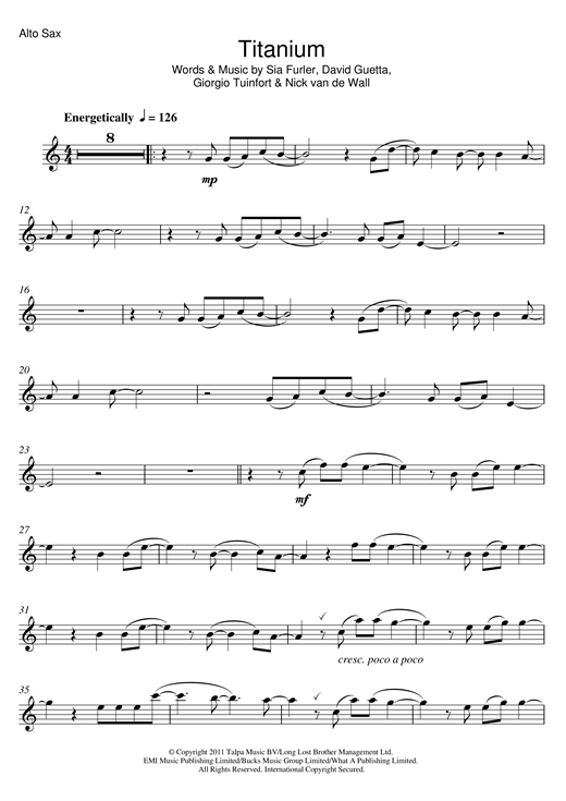 Preview David Guetta Titanium (featuring Sia) Dance sheet music, notes and chords for Alto Saxophone, SKU: 117203 sheet music, piano notes, chords, guitar tabs, score, transpose, transcribe, how to play, guide, download, learn, tutorial, progression, song, artist, awards, billboard, mtv, vh1, tour, single, album, release
