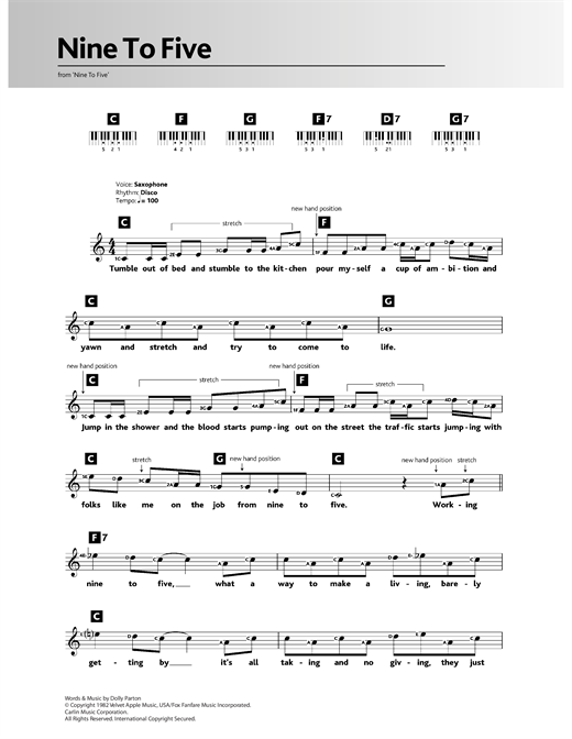 Preview Dolly Parton Nine To Five Disco sheet music, notes and chords for Keyboard, SKU: 117455 sheet music, piano notes, chords, guitar tabs, score, transpose, transcribe, how to play, guide, download, learn, tutorial, progression, song, artist, awards, billboard, mtv, vh1, tour, single, album, release