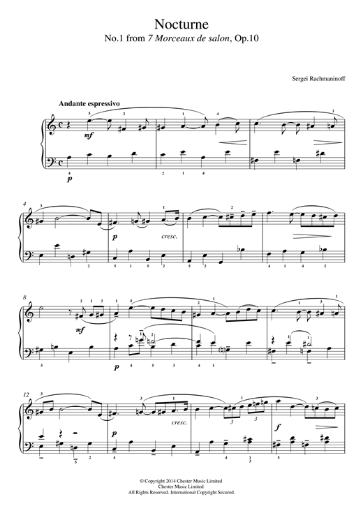 Learn to play Sergei Rachmaninoff Nocturne (No.1 from 7 Morceaux de salon, Op.10) sheet music for Easy Piano in minutes. Sergei Rachmaninoff Nocturne (No.1 from 7 Morceaux de salon, Op.10) sheet music notes and chords