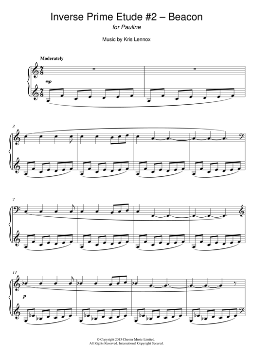 Preview Kris Lennox Inverse Prime Etude #2 – Beacon Classical sheet music, notes and chords for Piano, SKU: 117614 sheet music, piano notes, chords, guitar tabs, score, transpose, transcribe, how to play, guide, download, learn, tutorial, progression, song, artist, awards, billboard, mtv, vh1, tour, single, album, release