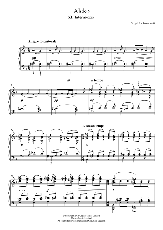 Preview Sergei Rachmaninoff Aleko - No.11 Intermezzo Classical sheet music, notes and chords for Piano, SKU: 117639 sheet music, piano notes, chords, guitar tabs, score, transpose, transcribe, how to play, guide, download, learn, tutorial, progression, song, artist, awards, billboard, mtv, vh1, tour, single, album, release