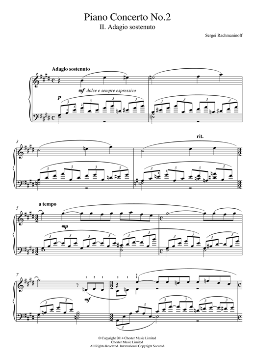 Preview Sergei Rachmaninoff Piano Concerto No.2 - 2nd Movement Classical sheet music, notes and chords for Piano, SKU: 117648 sheet music, piano notes, chords, guitar tabs, score, transpose, transcribe, how to play, guide, download, learn, tutorial, progression, song, artist, awards, billboard, mtv, vh1, tour, single, album, release