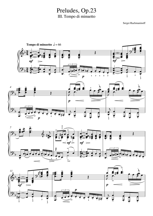 Preview Sergei Rachmaninoff Preludes Op.23, No.3 Tempo di minuetto Classical sheet music, notes and chords for Piano, SKU: 117652 sheet music, piano notes, chords, guitar tabs, score, transpose, transcribe, how to play, guide, download, learn, tutorial, progression, song, artist, awards, billboard, mtv, vh1, tour, single, album, release