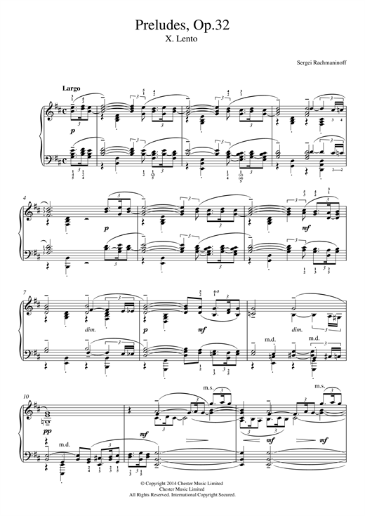 Preview Sergei Rachmaninoff Preludes Op.32, No.10 Lento Classical sheet music, notes and chords for Piano, SKU: 117656 sheet music, piano notes, chords, guitar tabs, score, transpose, transcribe, how to play, guide, download, learn, tutorial, progression, song, artist, awards, billboard, mtv, vh1, tour, single, album, release