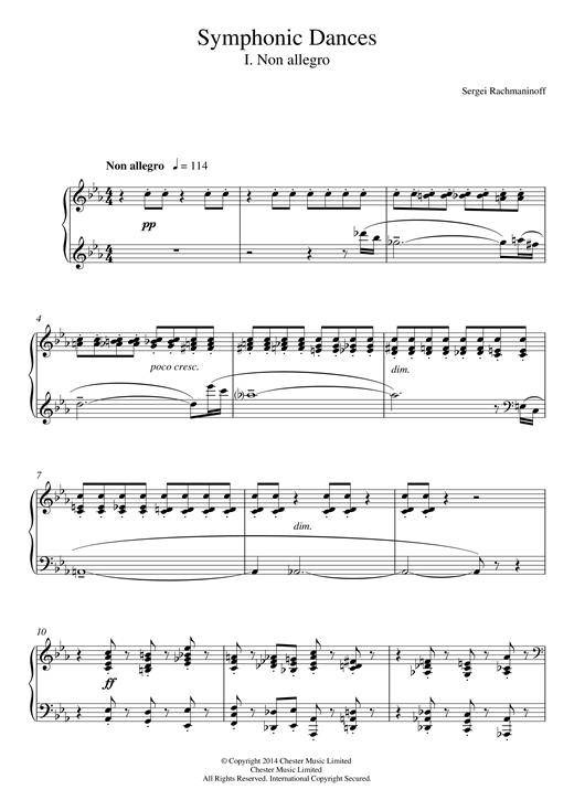 Preview Sergei Rachmaninoff Symphonic Dances - 1st Movement Classical sheet music, notes and chords for Piano, SKU: 117659 sheet music, piano notes, chords, guitar tabs, score, transpose, transcribe, how to play, guide, download, learn, tutorial, progression, song, artist, awards, billboard, mtv, vh1, tour, single, album, release