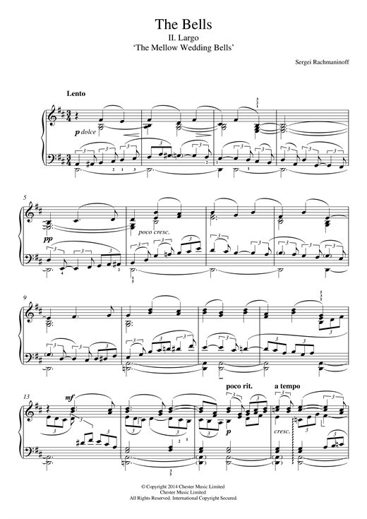 Preview Sergei Rachmaninoff The Bells, No.2 Largo ('The Mellow Wedding Bells') Classical sheet music, notes and chords for Piano, SKU: 117662 sheet music, piano notes, chords, guitar tabs, score, transpose, transcribe, how to play, guide, download, learn, tutorial, progression, song, artist, awards, billboard, mtv, vh1, tour, single, album, release