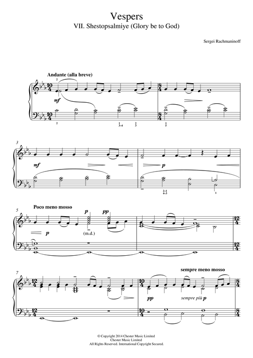 Preview Sergei Rachmaninoff Vespers (All-Night Vigil) Op.37, No.7 Shestopsalmiye (Glory be to God) Classical sheet music, notes and chords for Piano, SKU: 117663 sheet music, piano notes, chords, guitar tabs, score, transpose, transcribe, how to play, guide, download, learn, tutorial, progression, song, artist, awards, billboard, mtv, vh1, tour, single, album, release