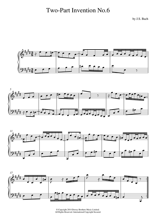 Preview Johann Sebastian Bach Two-Part Invention No. 6 In E Major Baroque sheet music, notes and chords for Piano, SKU: 117931 sheet music, piano notes, chords, guitar tabs, score, transpose, transcribe, how to play, guide, download, learn, tutorial, progression, song, artist, awards, billboard, mtv, vh1, tour, single, album, release