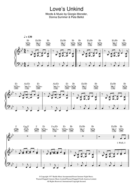 Preview Donna Summer Love's Unkind Disco sheet music, notes and chords for Piano, Vocal & Guitar (Right-Hand Melody), SKU: 118201 sheet music, piano notes, chords, guitar tabs, score, transpose, transcribe, how to play, guide, download, learn, tutorial, progression, song, artist, awards, billboard, mtv, vh1, tour, single, album, release