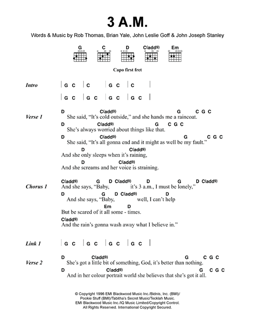 Preview Matchbox Twenty 3 A.M. Pop sheet music, notes and chords for Lyrics & Chords, SKU: 118300 sheet music, piano notes, chords, guitar tabs, score, transpose, transcribe, how to play, guide, download, learn, tutorial, progression, song, artist, awards, billboard, mtv, vh1, tour, single, album, release