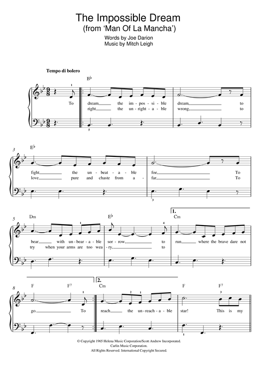 Preview Andy Williams The Impossible Dream (from Man Of La Mancha) Classics sheet music, notes and chords for Beginner Piano, SKU: 118462 sheet music, piano notes, chords, guitar tabs, score, transpose, transcribe, how to play, guide, download, learn, tutorial, progression, song, artist, awards, billboard, mtv, vh1, tour, single, album, release