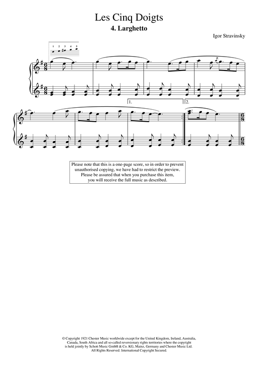 Preview Igor Stravinsky Larghetto (No. 4 From Les Cinq Doigts) Classical sheet music, notes and chords for Piano, SKU: 118515 sheet music, piano notes, chords, guitar tabs, score, transpose, transcribe, how to play, guide, download, learn, tutorial, progression, song, artist, awards, billboard, mtv, vh1, tour, single, album, release