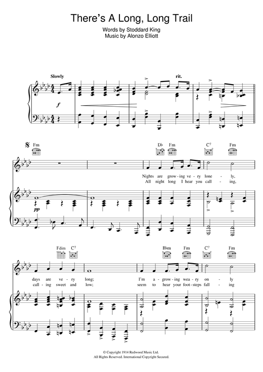 Preview Alonzo Elliott There's A Long, Long Trail Post-1900 sheet music, notes and chords for Piano, Vocal & Guitar (Right-Hand Melody), SKU: 118729 sheet music, piano notes, chords, guitar tabs, score, transpose, transcribe, how to play, guide, download, learn, tutorial, progression, song, artist, awards, billboard, mtv, vh1, tour, single, album, release