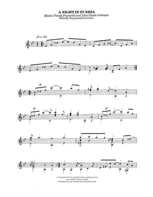 Preview Dizzy Gillespie A Night In Tunisia Classical sheet music, notes and chords for Guitar, SKU: 118758 sheet music, piano notes, chords, guitar tabs, score, transpose, transcribe, how to play, guide, download, learn, tutorial, progression, song, artist, awards, billboard, mtv, vh1, tour, single, album, release