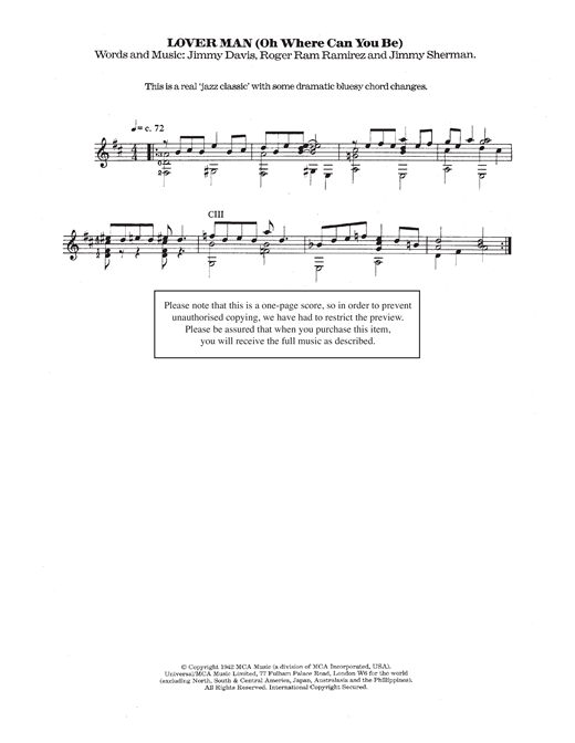 Preview Billie Holiday Lover Man (Oh, Where Can You Be?) Classical sheet music, notes and chords for Guitar, SKU: 118778 sheet music, piano notes, chords, guitar tabs, score, transpose, transcribe, how to play, guide, download, learn, tutorial, progression, song, artist, awards, billboard, mtv, vh1, tour, single, album, release