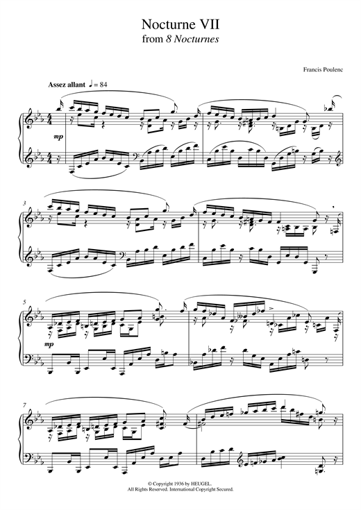 Preview Francis Poulenc 8 Nocturnes - VII. (Assez Allant) Classical sheet music, notes and chords for Piano, SKU: 118814 sheet music, piano notes, chords, guitar tabs, score, transpose, transcribe, how to play, guide, download, learn, tutorial, progression, song, artist, awards, billboard, mtv, vh1, tour, single, album, release