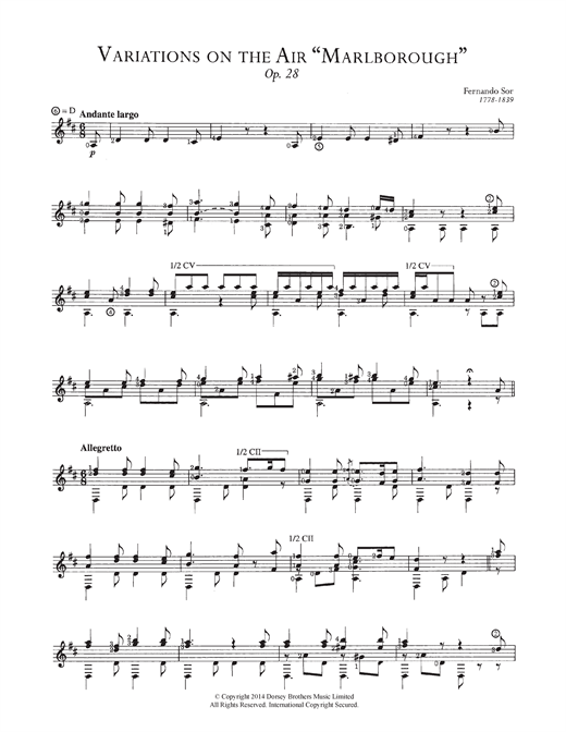 Preview Fernando Sor Variations On The Air 'Marlborough', Op.28 Classical sheet music, notes and chords for Guitar, SKU: 118883 sheet music, piano notes, chords, guitar tabs, score, transpose, transcribe, how to play, guide, download, learn, tutorial, progression, song, artist, awards, billboard, mtv, vh1, tour, single, album, release