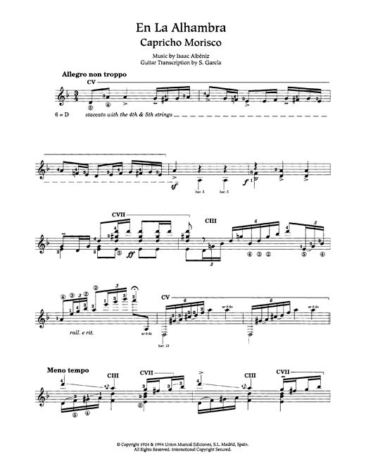Preview Isaac Albeniz En La Alhambra (Capricho Morisco) Classical sheet music, notes and chords for Guitar, SKU: 119157 sheet music, piano notes, chords, guitar tabs, score, transpose, transcribe, how to play, guide, download, learn, tutorial, progression, song, artist, awards, billboard, mtv, vh1, tour, single, album, release