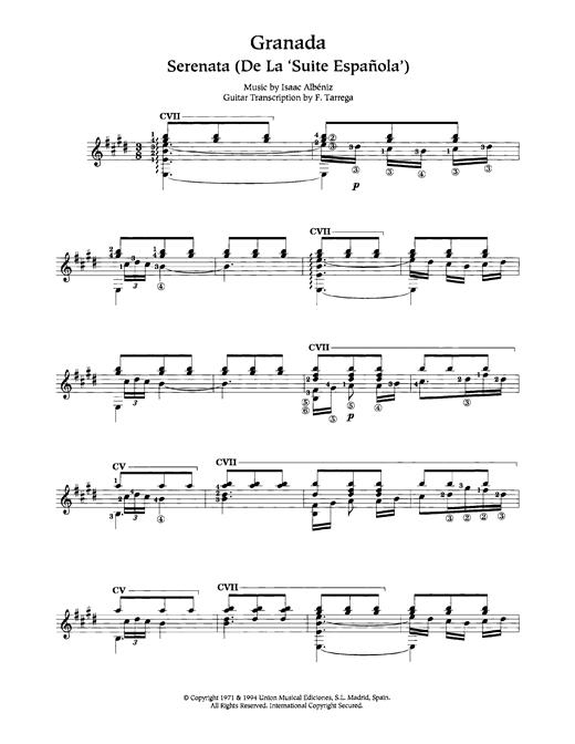 Preview Isaac Albeniz Granada Classical sheet music, notes and chords for Guitar, SKU: 119160 sheet music, piano notes, chords, guitar tabs, score, transpose, transcribe, how to play, guide, download, learn, tutorial, progression, song, artist, awards, billboard, mtv, vh1, tour, single, album, release