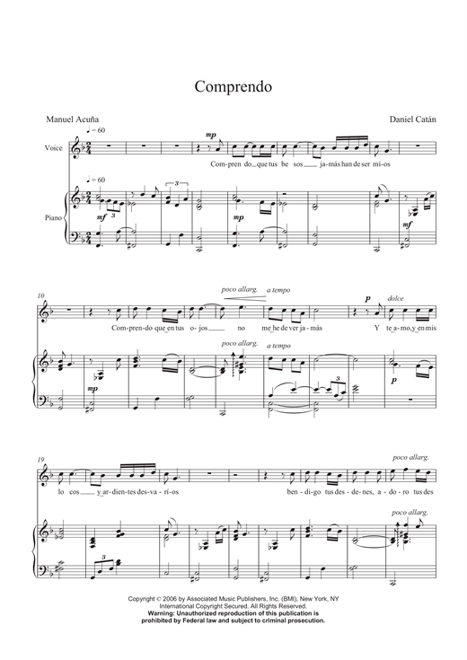 Preview Daniel Catán Comprendo Classical sheet music, notes and chords for Voice, SKU: 119192 sheet music, piano notes, chords, guitar tabs, score, transpose, transcribe, how to play, guide, download, learn, tutorial, progression, song, artist, awards, billboard, mtv, vh1, tour, single, album, release