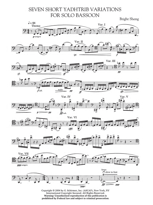 Preview Bright Sheng Seven Short Yadhtrib Variations Classical sheet music, notes and chords for Bassoon, SKU: 119386 sheet music, piano notes, chords, guitar tabs, score, transpose, transcribe, how to play, guide, download, learn, tutorial, progression, song, artist, awards, billboard, mtv, vh1, tour, single, album, release