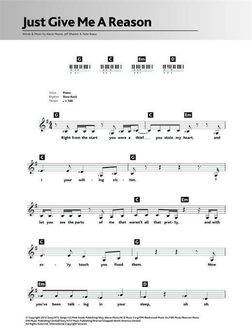 Preview Pink Just Give Me A Reason (feat. Nate Ruess) Pop sheet music, notes and chords for Keyboard, SKU: 119532 sheet music, piano notes, chords, guitar tabs, score, transpose, transcribe, how to play, guide, download, learn, tutorial, progression, song, artist, awards, billboard, mtv, vh1, tour, single, album, release