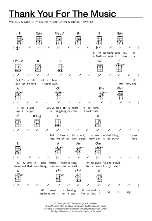 Preview ABBA Thank You For The Music Disco sheet music, notes and chords for Ukulele with strumming patterns, SKU: 120666 sheet music, piano notes, chords, guitar tabs, score, transpose, transcribe, how to play, guide, download, learn, tutorial, progression, song, artist, awards, billboard, mtv, vh1, tour, single, album, release
