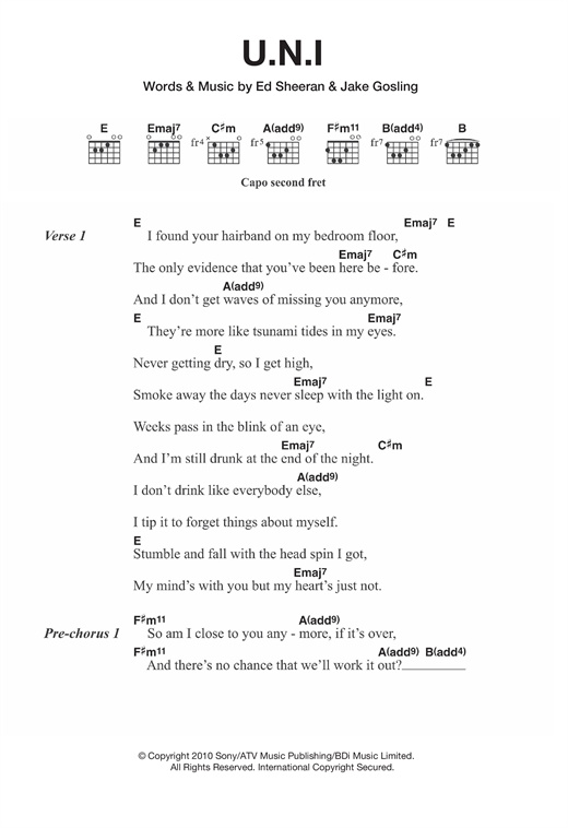 Preview Ed Sheeran U.N.I Pop sheet music, notes and chords for Lyrics & Chords, SKU: 121012 sheet music, piano notes, chords, guitar tabs, score, transpose, transcribe, how to play, guide, download, learn, tutorial, progression, song, artist, awards, billboard, mtv, vh1, tour, single, album, release