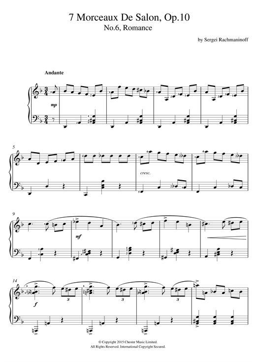 Preview Sergei Rachmaninoff Romance (No.6 From 7 Morceaux De Salon, Op.10) Classical sheet music, notes and chords for Piano, SKU: 121324 sheet music, piano notes, chords, guitar tabs, score, transpose, transcribe, how to play, guide, download, learn, tutorial, progression, song, artist, awards, billboard, mtv, vh1, tour, single, album, release