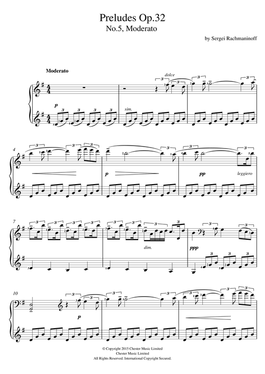 Preview Sergei Rachmaninoff Preludes Op.32, No.5 Moderato Classical sheet music, notes and chords for Piano, SKU: 121325 sheet music, piano notes, chords, guitar tabs, score, transpose, transcribe, how to play, guide, download, learn, tutorial, progression, song, artist, awards, billboard, mtv, vh1, tour, single, album, release