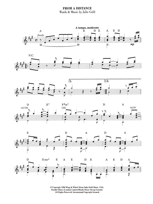 Preview Bette Midler From A Distance Pop sheet music, notes and chords for Guitar, SKU: 121704 sheet music, piano notes, chords, guitar tabs, score, transpose, transcribe, how to play, guide, download, learn, tutorial, progression, song, artist, awards, billboard, mtv, vh1, tour, single, album, release