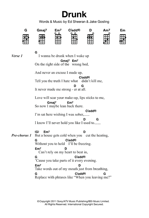 Preview Ed Sheeran Drunk Pop sheet music, notes and chords for Ukulele, SKU: 121841 sheet music, piano notes, chords, guitar tabs, score, transpose, transcribe, how to play, guide, download, learn, tutorial, progression, song, artist, awards, billboard, mtv, vh1, tour, single, album, release