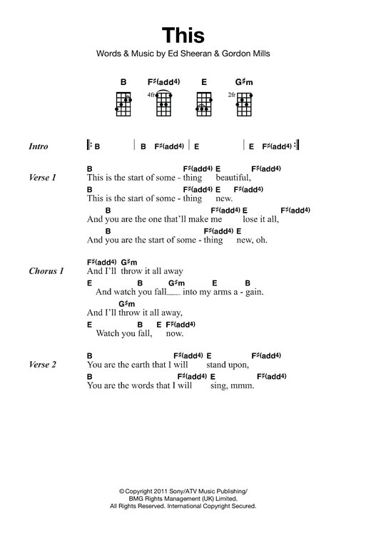 Preview Ed Sheeran This Pop sheet music, notes and chords for Ukulele, SKU: 121908 sheet music, piano notes, chords, guitar tabs, score, transpose, transcribe, how to play, guide, download, learn, tutorial, progression, song, artist, awards, billboard, mtv, vh1, tour, single, album, release