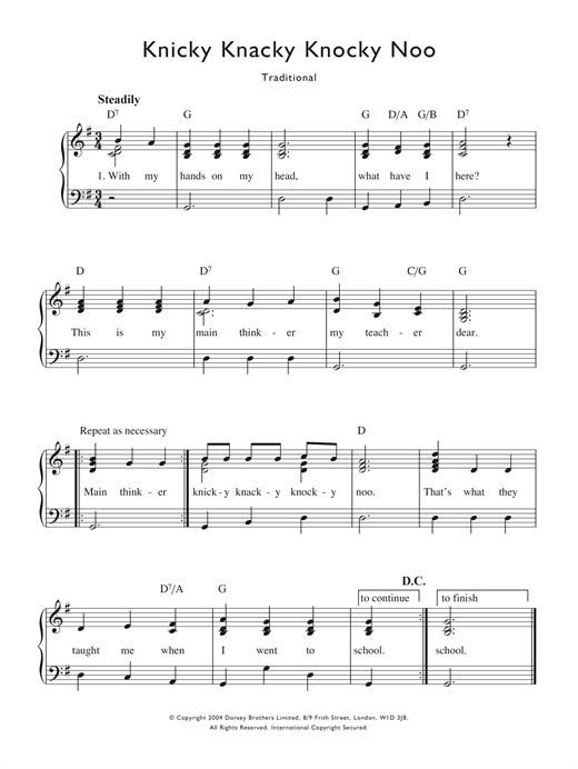 Traditional Nursery Rhyme Knicky Knacky Knocky Noo Sheet Music Sheet Music Piano Notes Chords Guitar Tabs Score Transpose Transcribe