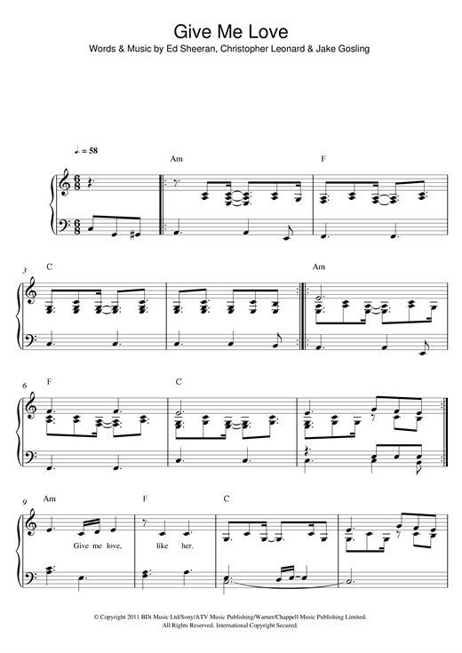 Preview Ed Sheeran Give Me Love Pop sheet music, notes and chords for Easy Piano, SKU: 122616 sheet music, piano notes, chords, guitar tabs, score, transpose, transcribe, how to play, guide, download, learn, tutorial, progression, song, artist, awards, billboard, mtv, vh1, tour, single, album, release