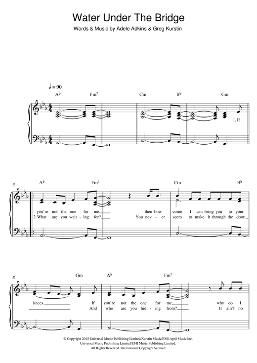 Preview Adele Water Under The Bridge Pop sheet music, notes and chords for Easy Piano, SKU: 122902 sheet music, piano notes, chords, guitar tabs, score, transpose, transcribe, how to play, guide, download, learn, tutorial, progression, song, artist, awards, billboard, mtv, vh1, tour, single, album, release