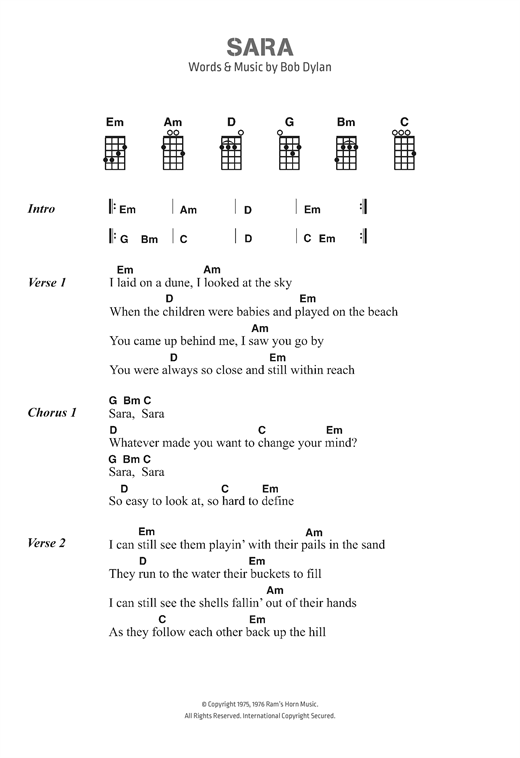 Preview Bob Dylan Sara Pop sheet music, notes and chords for Ukulele Lyrics & Chords, SKU: 123106 sheet music, piano notes, chords, guitar tabs, score, transpose, transcribe, how to play, guide, download, learn, tutorial, progression, song, artist, awards, billboard, mtv, vh1, tour, single, album, release