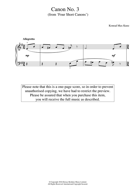 Preview Konrad Max Kunz Canon No. 3 (from 'Four Short Canons') Classical sheet music, notes and chords for Easy Piano, SKU: 123575 sheet music, piano notes, chords, guitar tabs, score, transpose, transcribe, how to play, guide, download, learn, tutorial, progression, song, artist, awards, billboard, mtv, vh1, tour, single, album, release