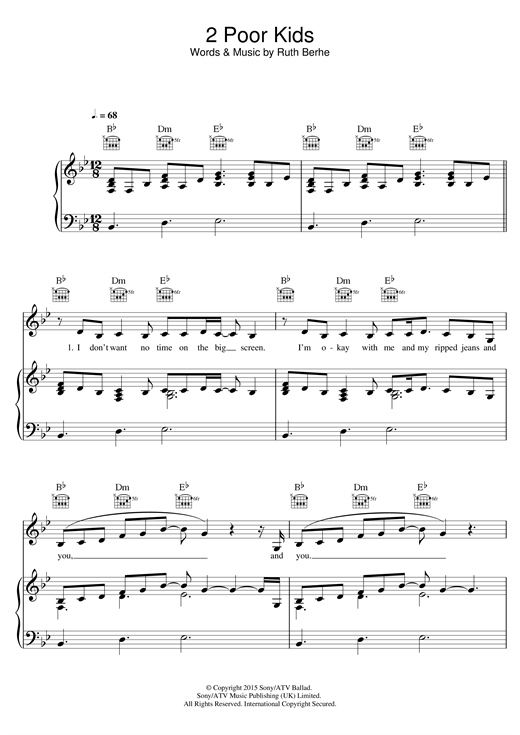 Preview Ruth B 2 Poor Kids Pop sheet music, notes and chords for Piano, Vocal & Guitar (Right-Hand Melody), SKU: 123602 sheet music, piano notes, chords, guitar tabs, score, transpose, transcribe, how to play, guide, download, learn, tutorial, progression, song, artist, awards, billboard, mtv, vh1, tour, single, album, release