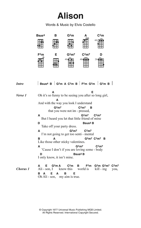 Preview Elvis Costello Alison Pop sheet music, notes and chords for Ukulele Lyrics & Chords, SKU: 123649 sheet music, piano notes, chords, guitar tabs, score, transpose, transcribe, how to play, guide, download, learn, tutorial, progression, song, artist, awards, billboard, mtv, vh1, tour, single, album, release