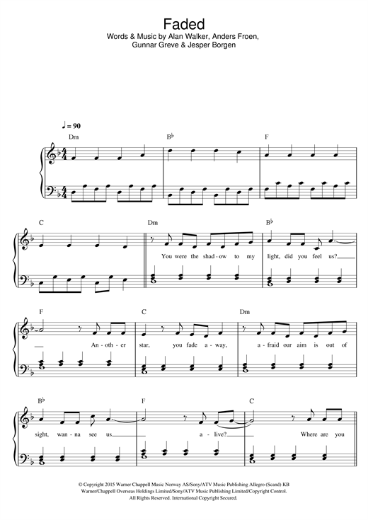 Preview Alan Walker Faded Pop sheet music, notes and chords for Easy Piano, SKU: 123803 sheet music, piano notes, chords, guitar tabs, score, transpose, transcribe, how to play, guide, download, learn, tutorial, progression, song, artist, awards, billboard, mtv, vh1, tour, single, album, release