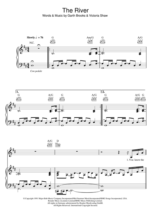 Preview Garth Brooks The River Country sheet music, notes and chords for Piano, Vocal & Guitar (Right-Hand Melody), SKU: 124056 sheet music, piano notes, chords, guitar tabs, score, transpose, transcribe, how to play, guide, download, learn, tutorial, progression, song, artist, awards, billboard, mtv, vh1, tour, single, album, release