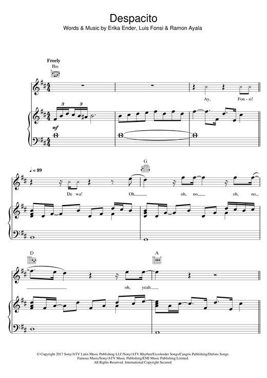 Preview Luis Fonsi Despacito (feat. Daddy Yankee) Pop sheet music, notes and chords for Piano, Vocal & Guitar (Right-Hand Melody), SKU: 124306 sheet music, piano notes, chords, guitar tabs, score, transpose, transcribe, how to play, guide, download, learn, tutorial, progression, song, artist, awards, billboard, mtv, vh1, tour, single, album, release