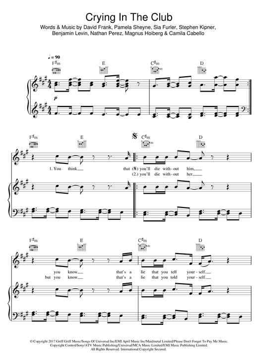 Preview Camila Cabello Crying In The Club Pop sheet music, notes and chords for Piano, Vocal & Guitar (Right-Hand Melody), SKU: 124518 sheet music, piano notes, chords, guitar tabs, score, transpose, transcribe, how to play, guide, download, learn, tutorial, progression, song, artist, awards, billboard, mtv, vh1, tour, single, album, release