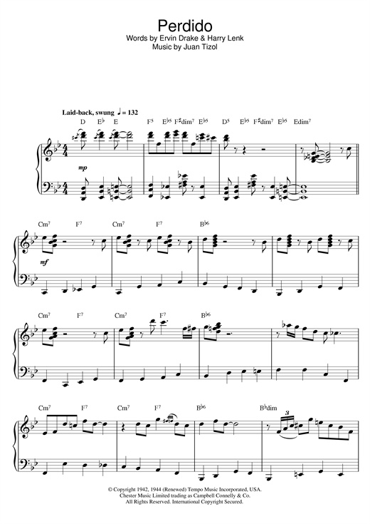 Preview Duke Ellington Perdido Jazz sheet music, notes and chords for Piano, SKU: 124524 sheet music, piano notes, chords, guitar tabs, score, transpose, transcribe, how to play, guide, download, learn, tutorial, progression, song, artist, awards, billboard, mtv, vh1, tour, single, album, release