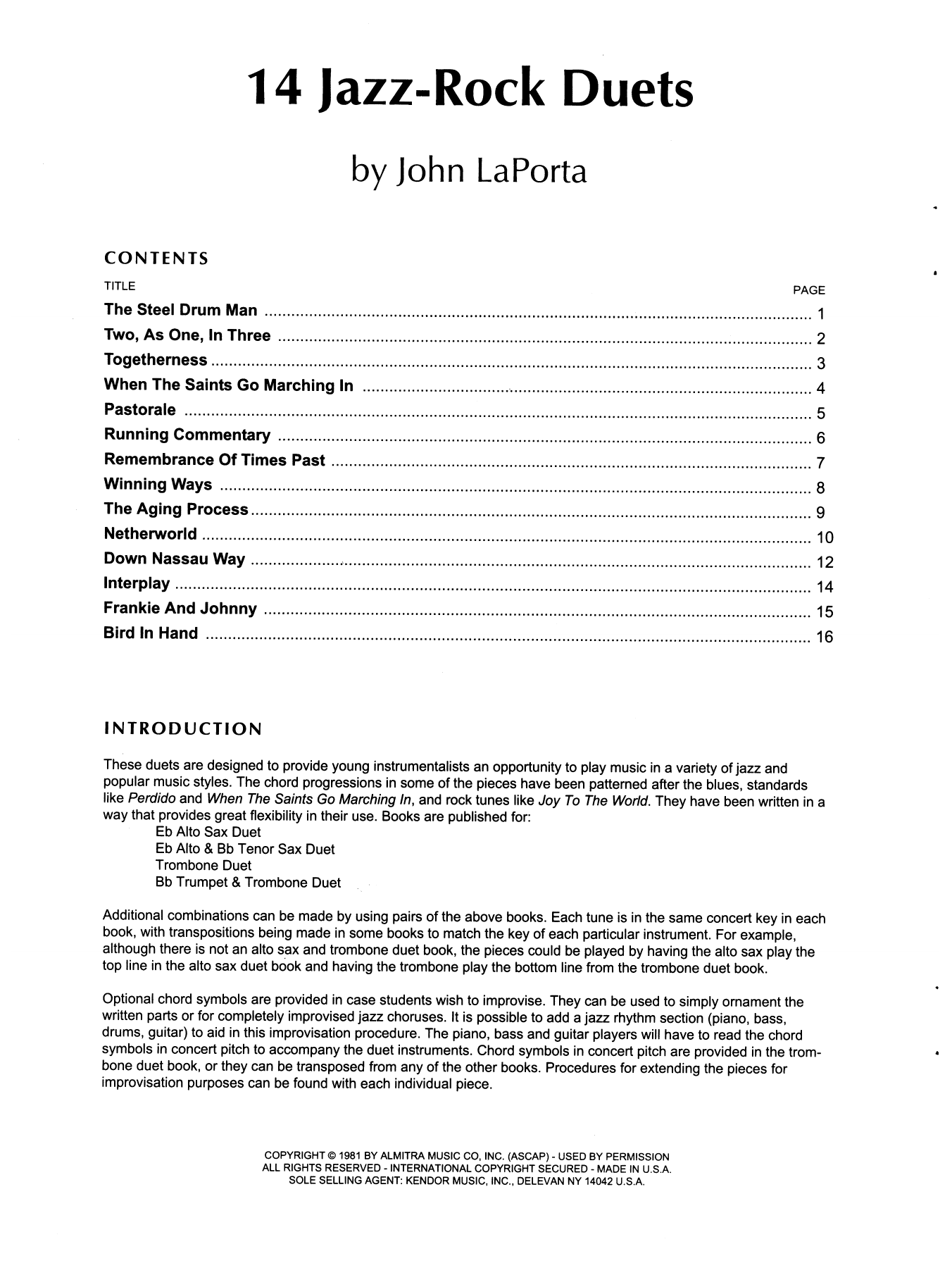 Preview John LaPorta 14 Jazz-Rock Duets (alto & tenor sax) Unclassified sheet music, notes and chords for Wind Ensemble, SKU: 125062 sheet music, piano notes, chords, guitar tabs, score, transpose, transcribe, how to play, guide, download, learn, tutorial, progression, song, artist, awards, billboard, mtv, vh1, tour, single, album, release