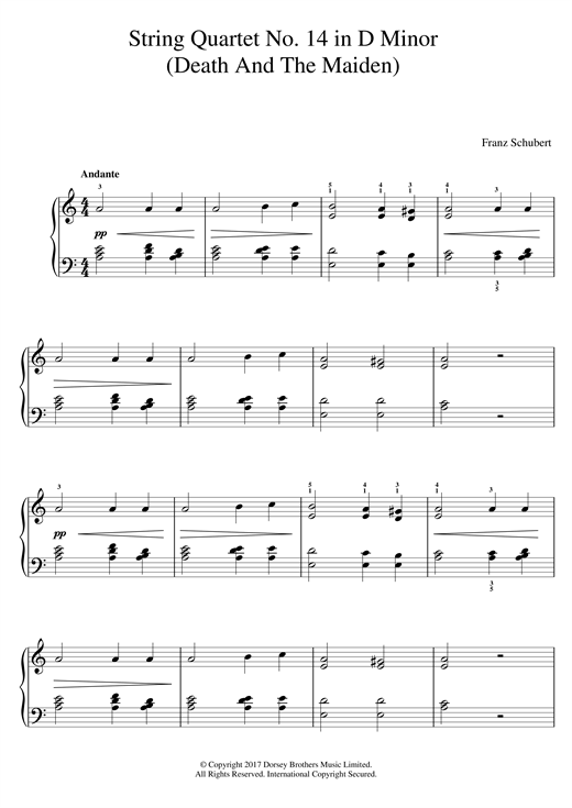 Preview Franz Schubert String Quartet No. 14 in D Minor (Death And The Maiden) Classical sheet music, notes and chords for Easy Piano, SKU: 125124 sheet music, piano notes, chords, guitar tabs, score, transpose, transcribe, how to play, guide, download, learn, tutorial, progression, song, artist, awards, billboard, mtv, vh1, tour, single, album, release