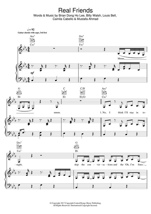Preview Camila Cabello Real Friends Pop sheet music, notes and chords for Piano, Vocal & Guitar (Right-Hand Melody), SKU: 125468 sheet music, piano notes, chords, guitar tabs, score, transpose, transcribe, how to play, guide, download, learn, tutorial, progression, song, artist, awards, billboard, mtv, vh1, tour, single, album, release