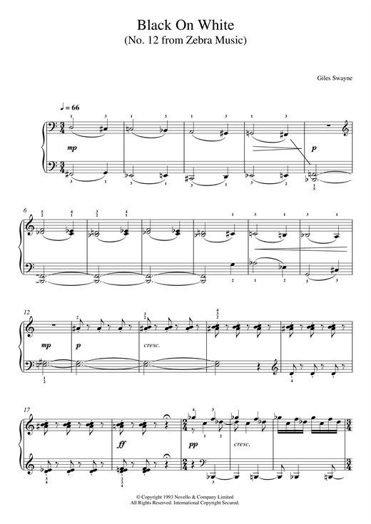 Preview Giles Swayne Black On White (No. 12 from Zebra Music) Classical sheet music, notes and chords for Piano, SKU: 125614 sheet music, piano notes, chords, guitar tabs, score, transpose, transcribe, how to play, guide, download, learn, tutorial, progression, song, artist, awards, billboard, mtv, vh1, tour, single, album, release