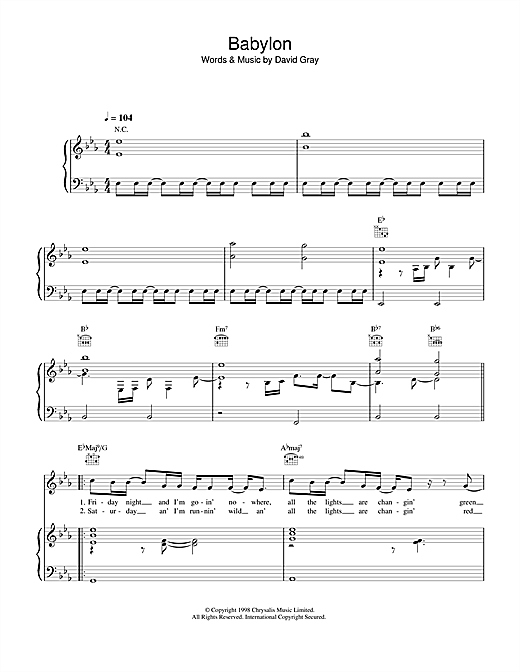 Preview David Gray Babylon Pop sheet music, notes and chords for Piano, Vocal & Guitar, SKU: 13634 sheet music, piano notes, chords, guitar tabs, score, transpose, transcribe, how to play, guide, download, learn, tutorial, progression, song, artist, awards, billboard, mtv, vh1, tour, single, album, release